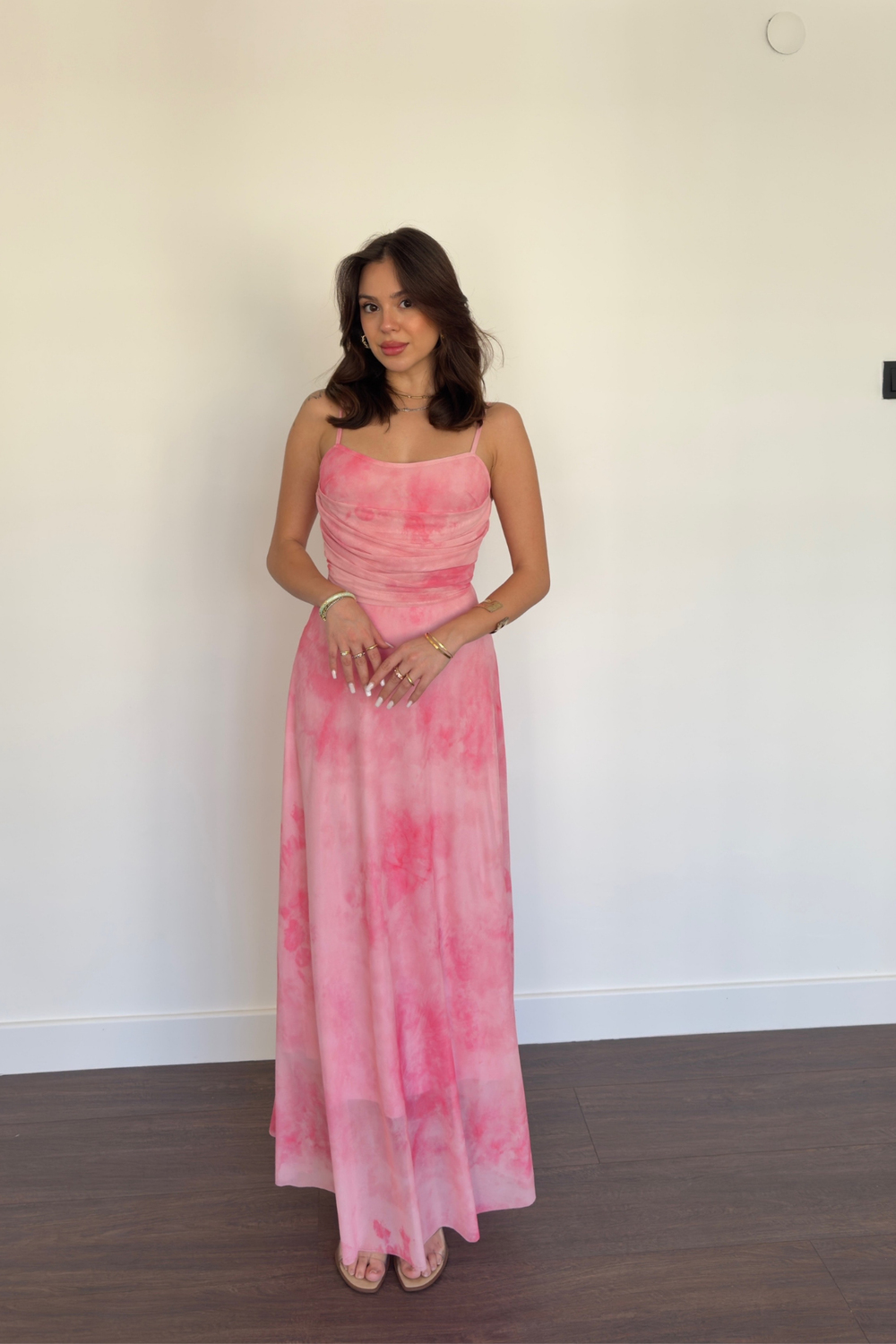 Batik Desen İp Askılı Elbise-Pembe