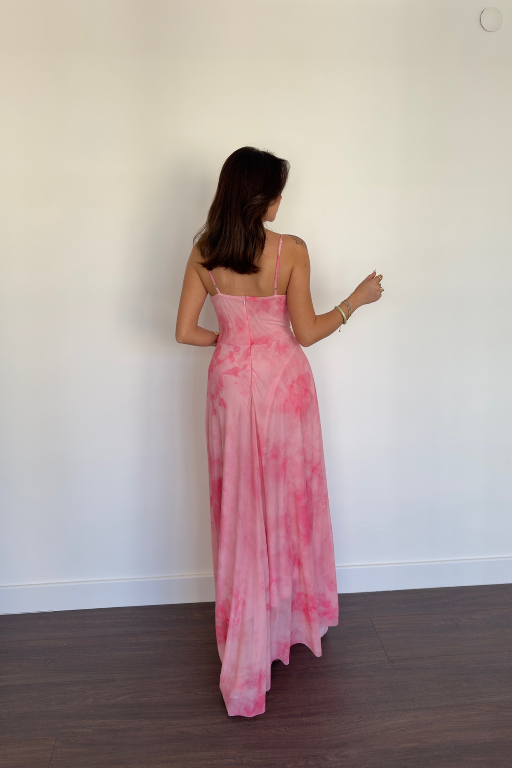 Batik Desen İp Askılı Elbise-Pembe