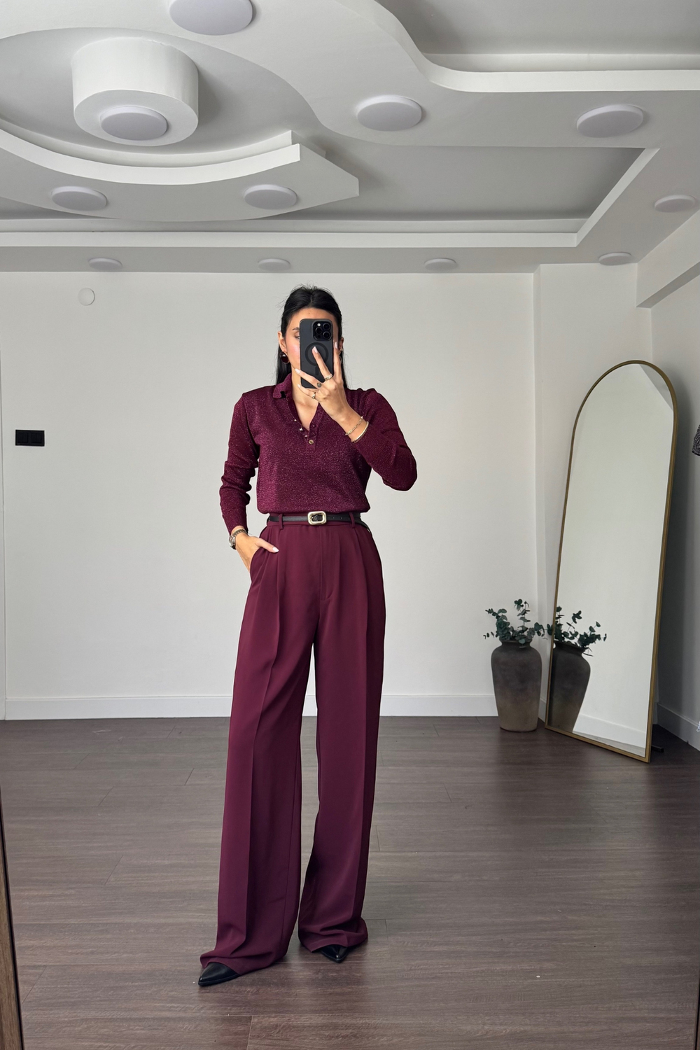 Bel Detaylı Pileli Pantolon-Bordo