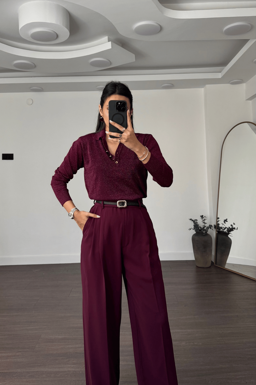 Bel Detaylı Pileli Pantolon-Bordo