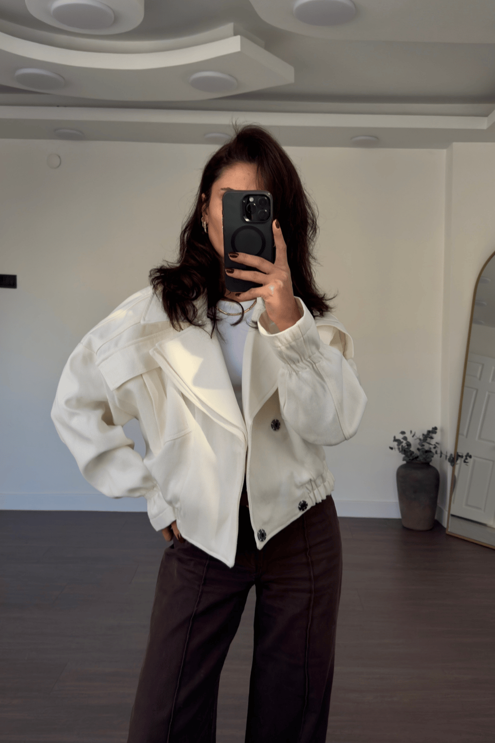 Beli Lastikli Bomber Ceket-Ekru
