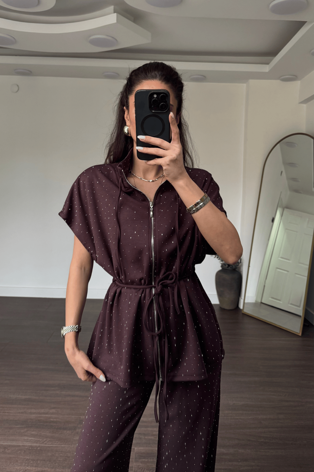 Beli Lastikli Yelek Pantolon Taşlı Modal Takım-Kahve