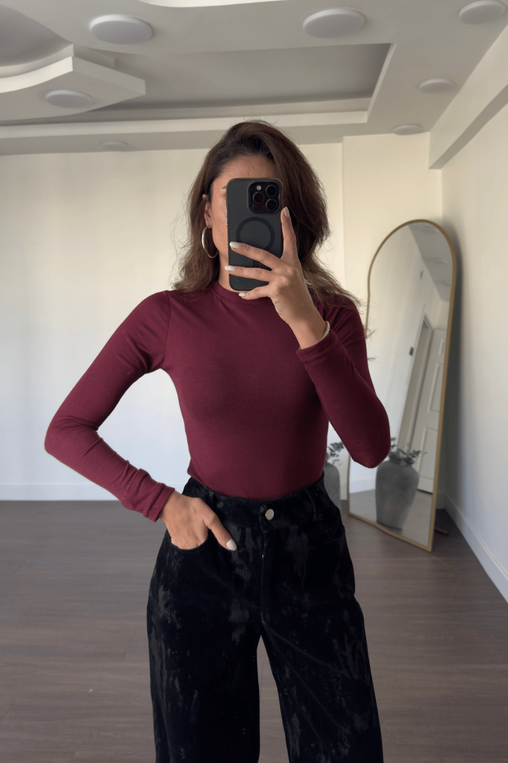 Bisiklet Yaka Basic Bluz-Bordo