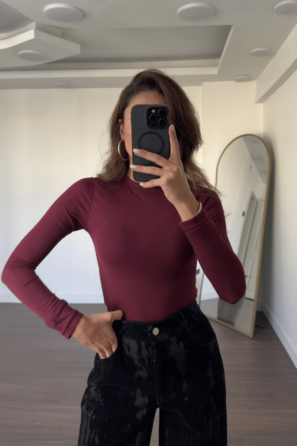 Bisiklet Yaka Basic Bluz-Bordo