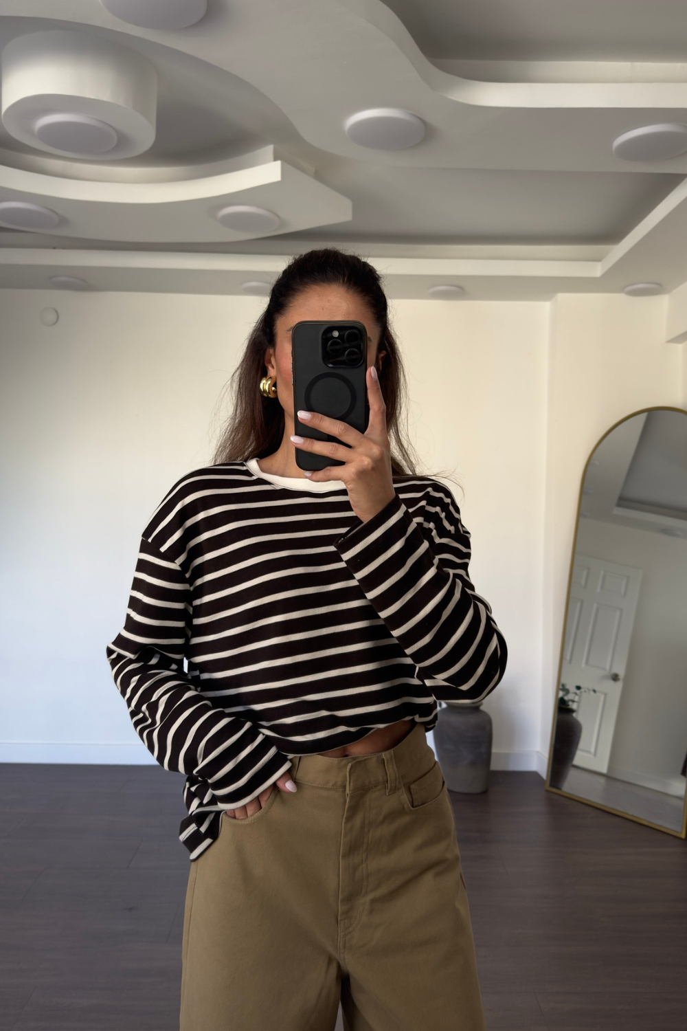 Bisiklet Yaka Çizgili Tshirt-Kahve