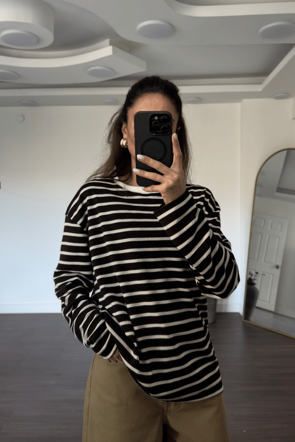 Bisiklet Yaka Çizgili Tshirt-Kahve