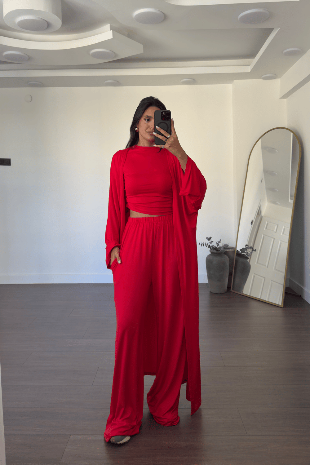 Bluz Pantolon Kimono Takım-Kırmızı