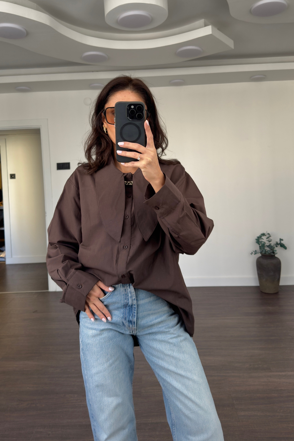 Büyük Yaka Oversize Gömlek-Kahve