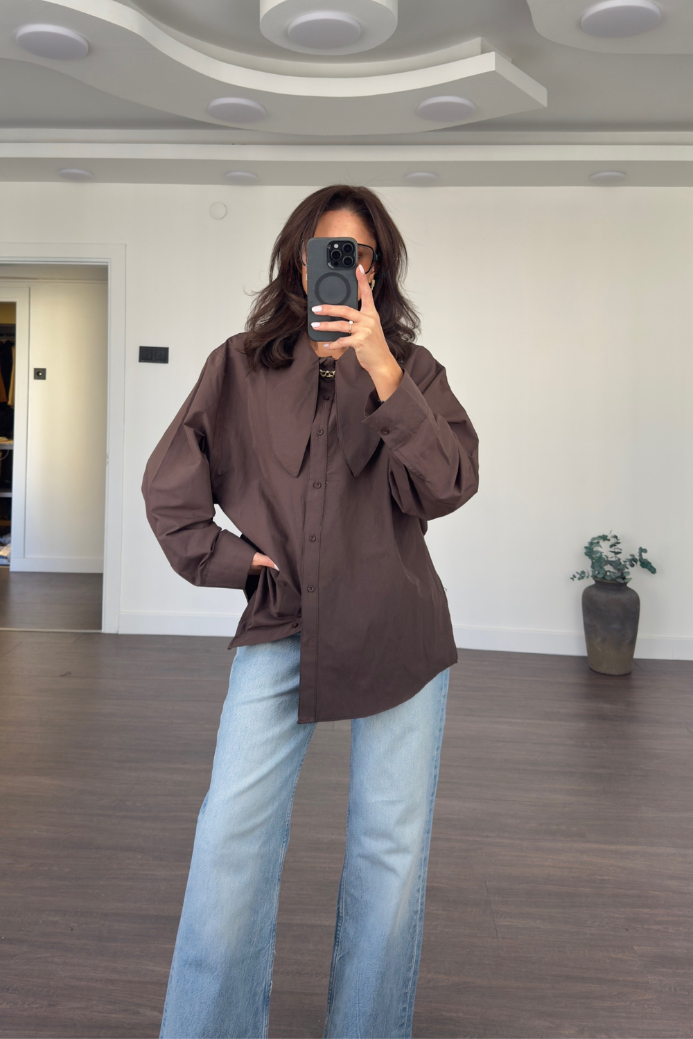 Büyük Yaka Oversize Gömlek-Kahve