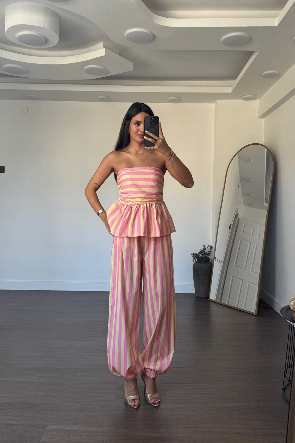 Çizgi Desenli Straplez Takım-Pembe