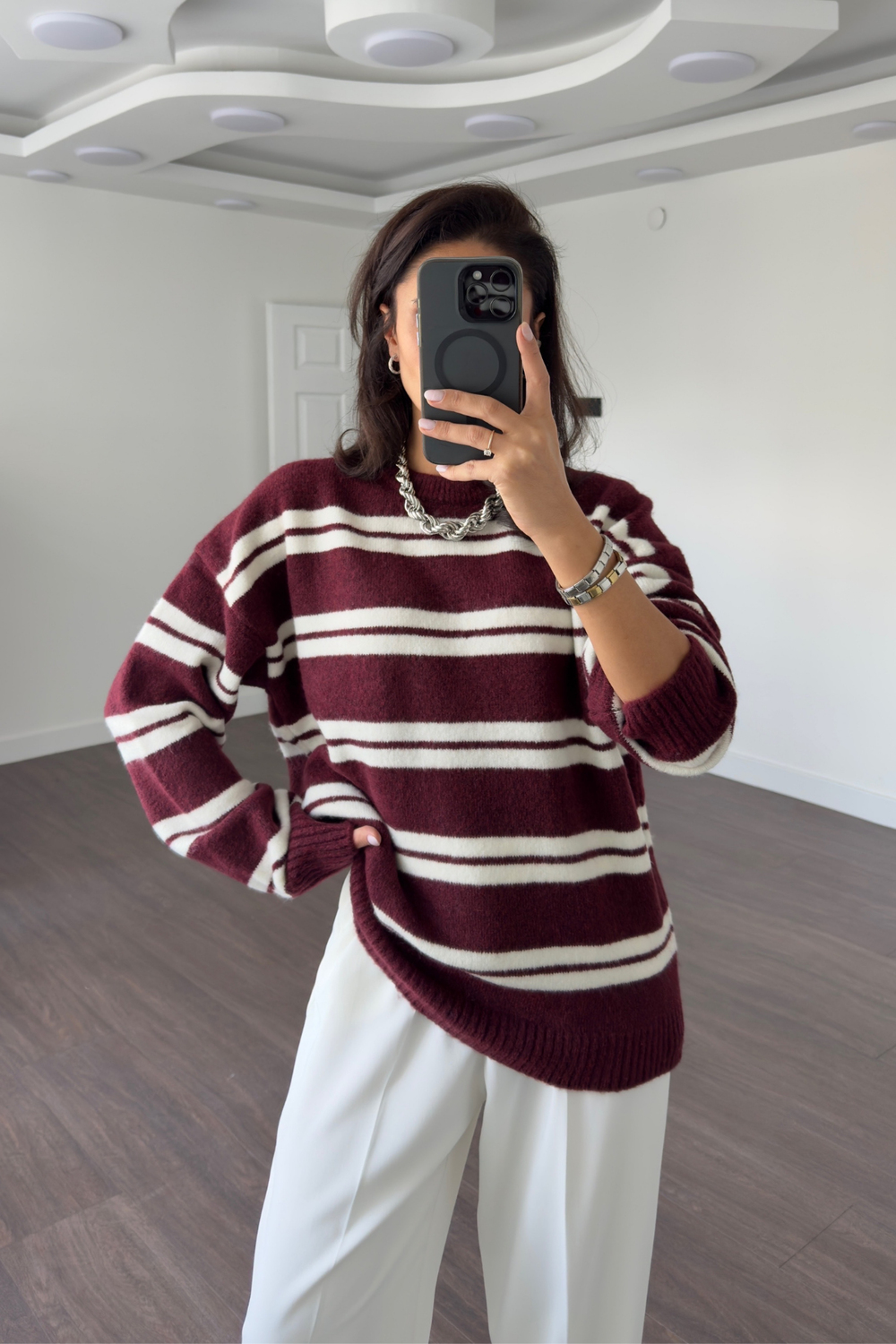 Çizgili Oversize Yumuşak Dokulu Kazak-Bordo