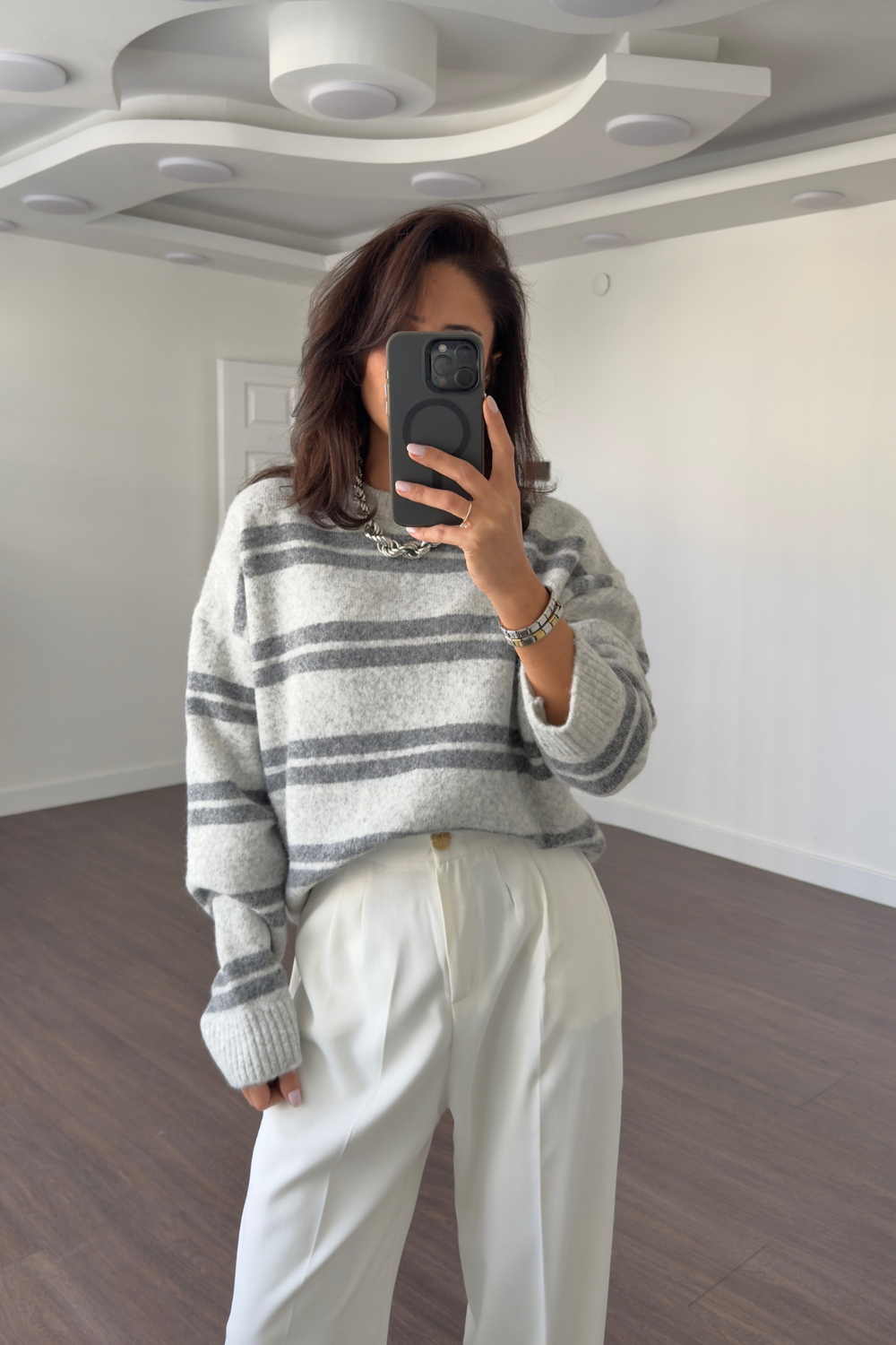 Çizgili Oversize Yumuşak Dokulu Kazak-Gri