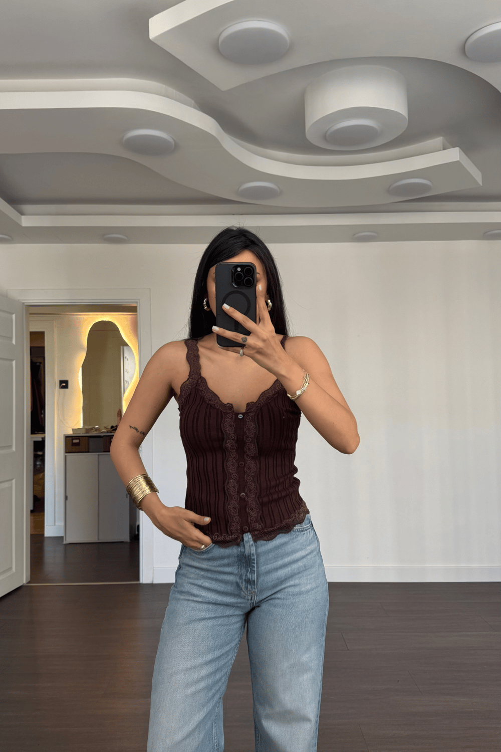 Dantel Detaylı Atlet-Kahve