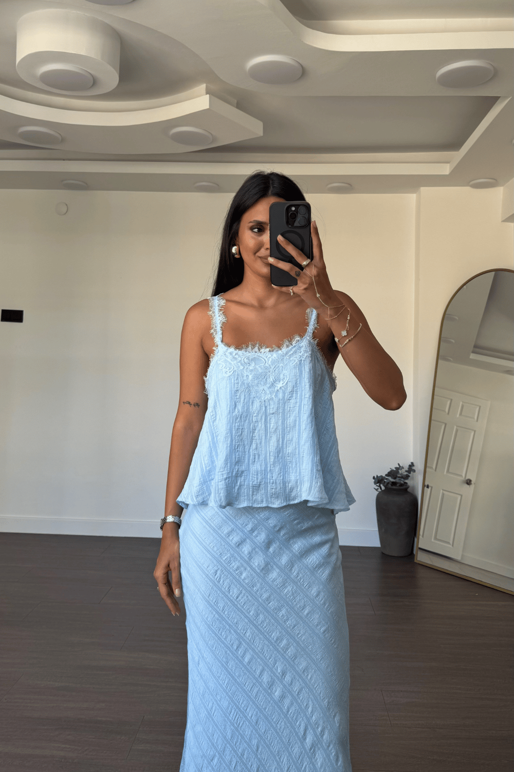 Dantel Detaylı Etek Bluz Takım-Mavi