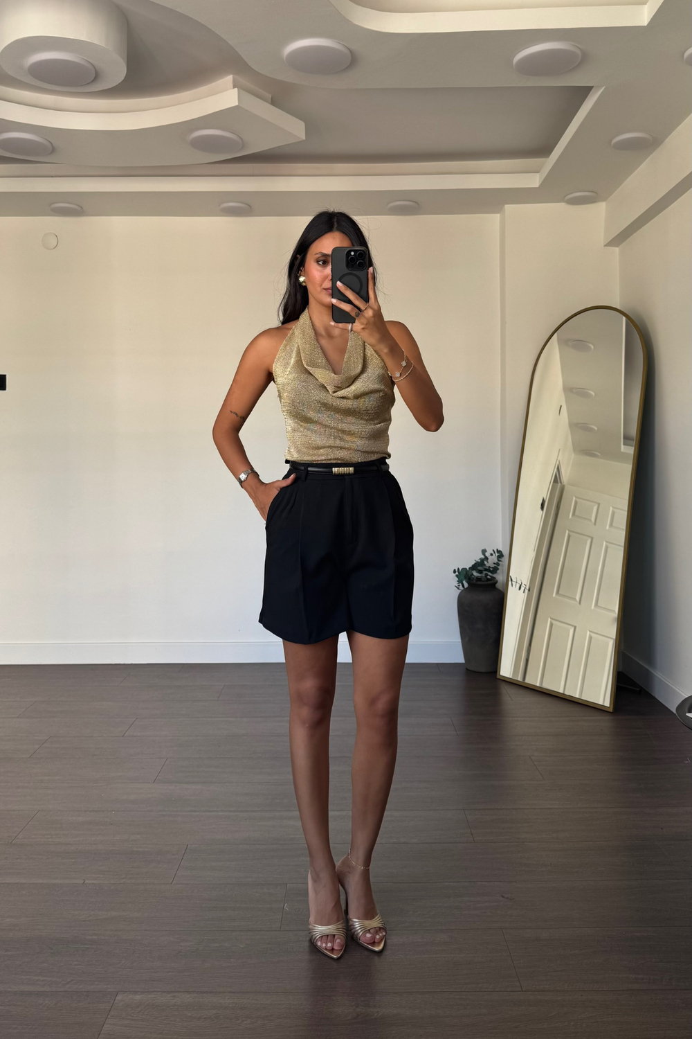 Degaje Yaka Simli Bluz-Gold