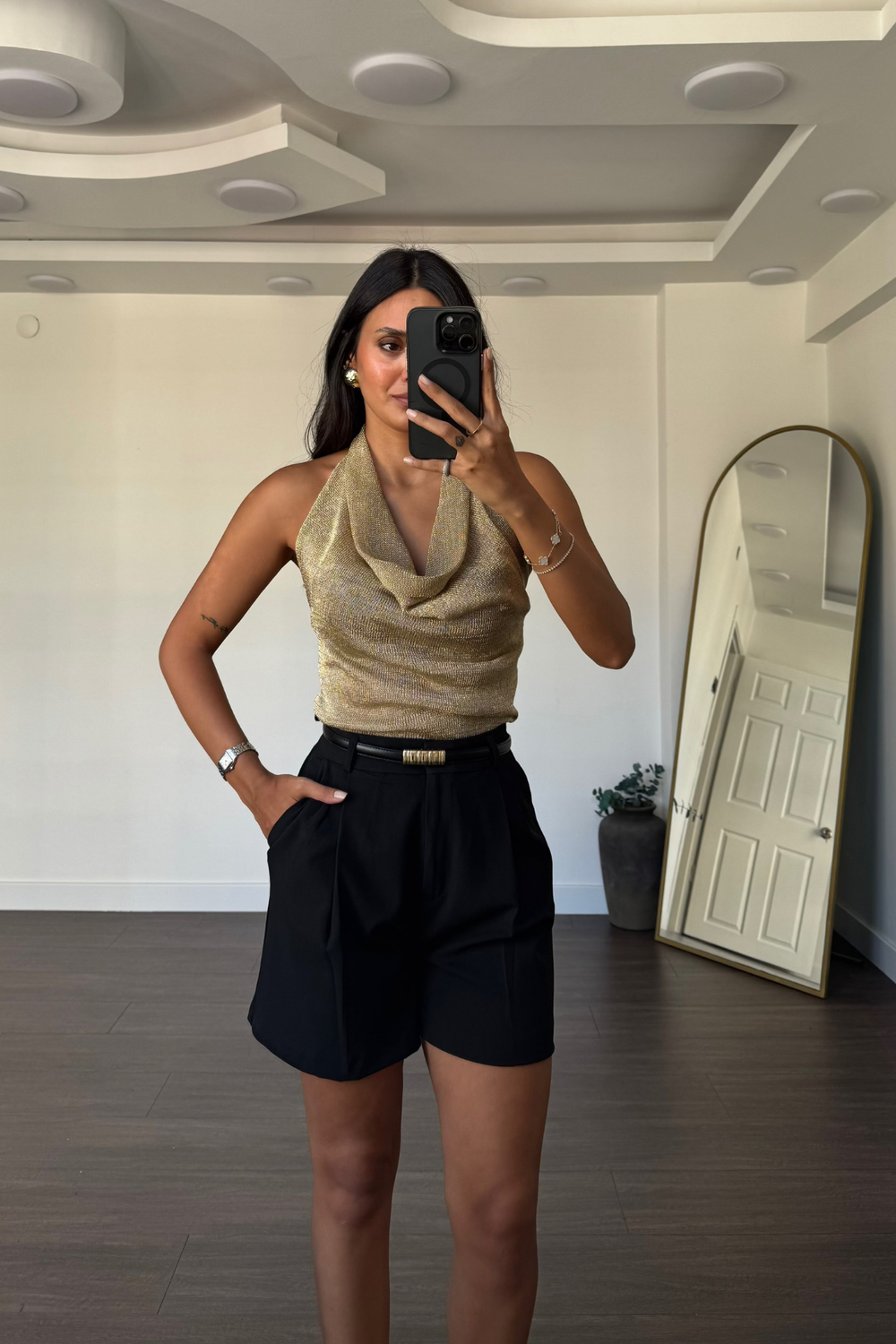 Degaje Yaka Simli Bluz-Gold