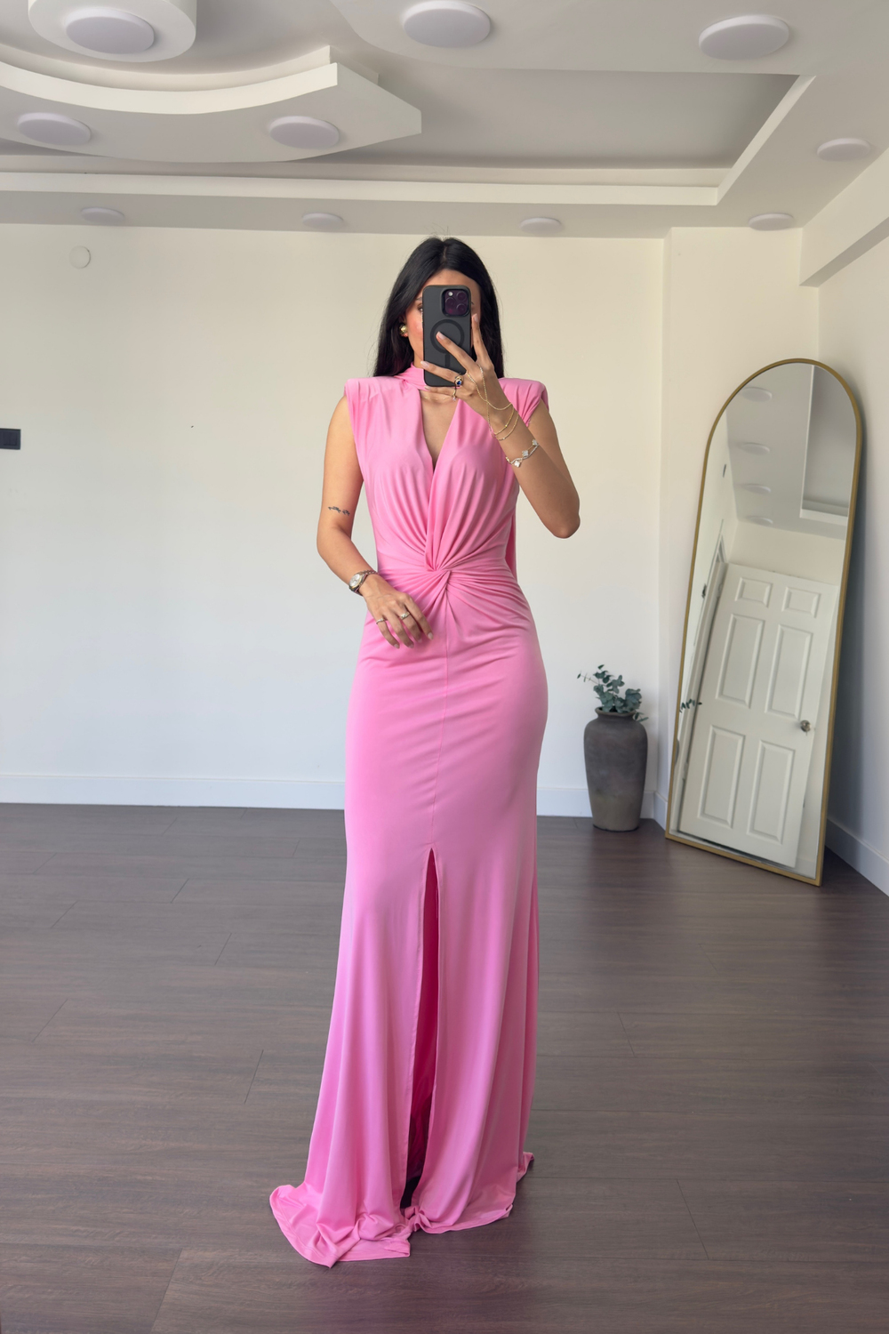 Dekolteli Bağlamalı Yaka Elbise-Pembe