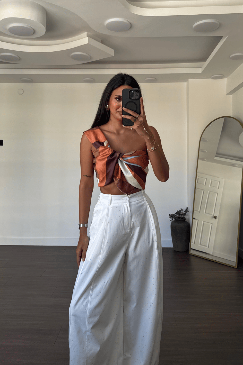 Desenli Crop Top-Kahve