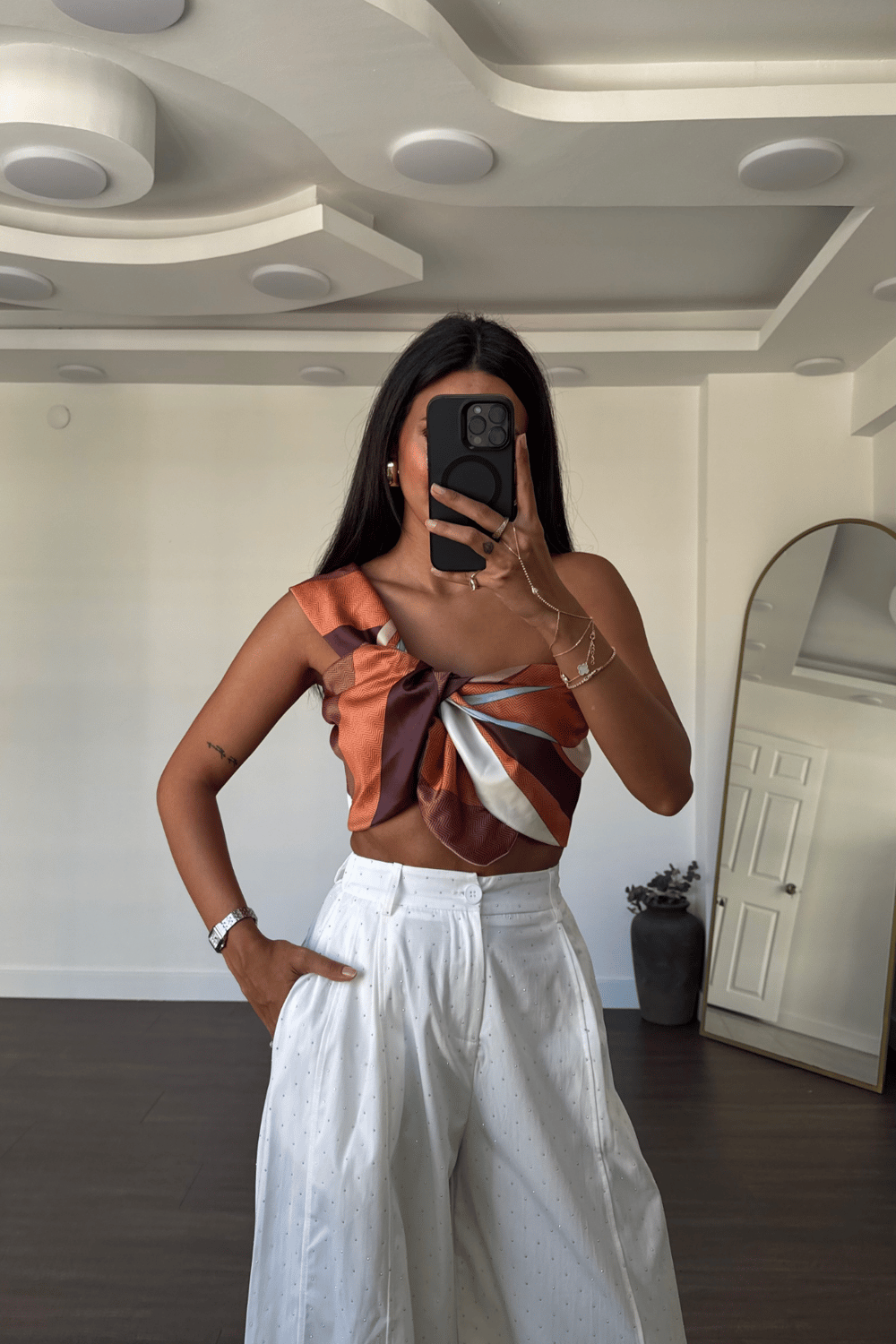 Desenli Crop Top-Kahve