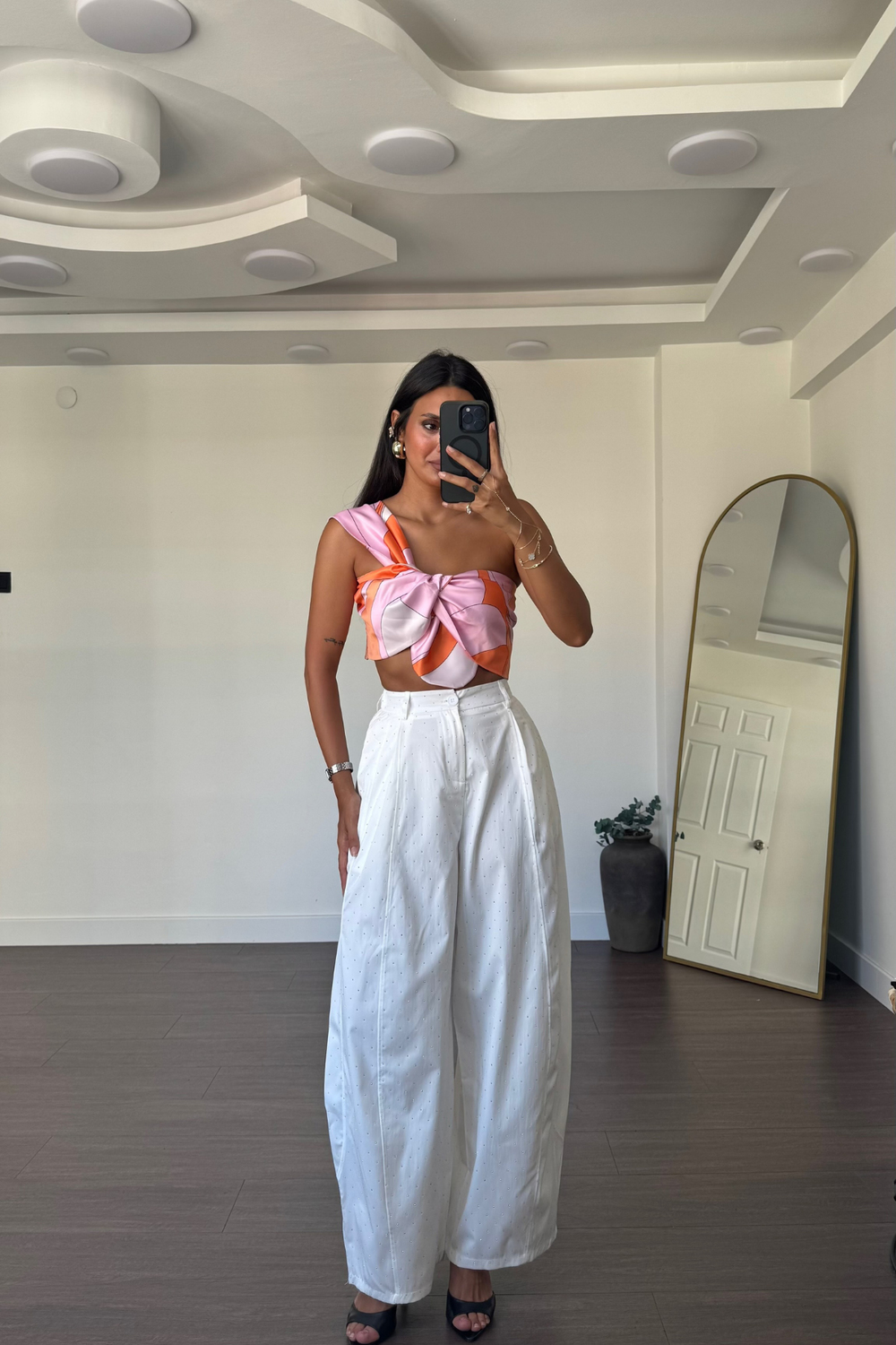 Desenli Crop Top-Pembe