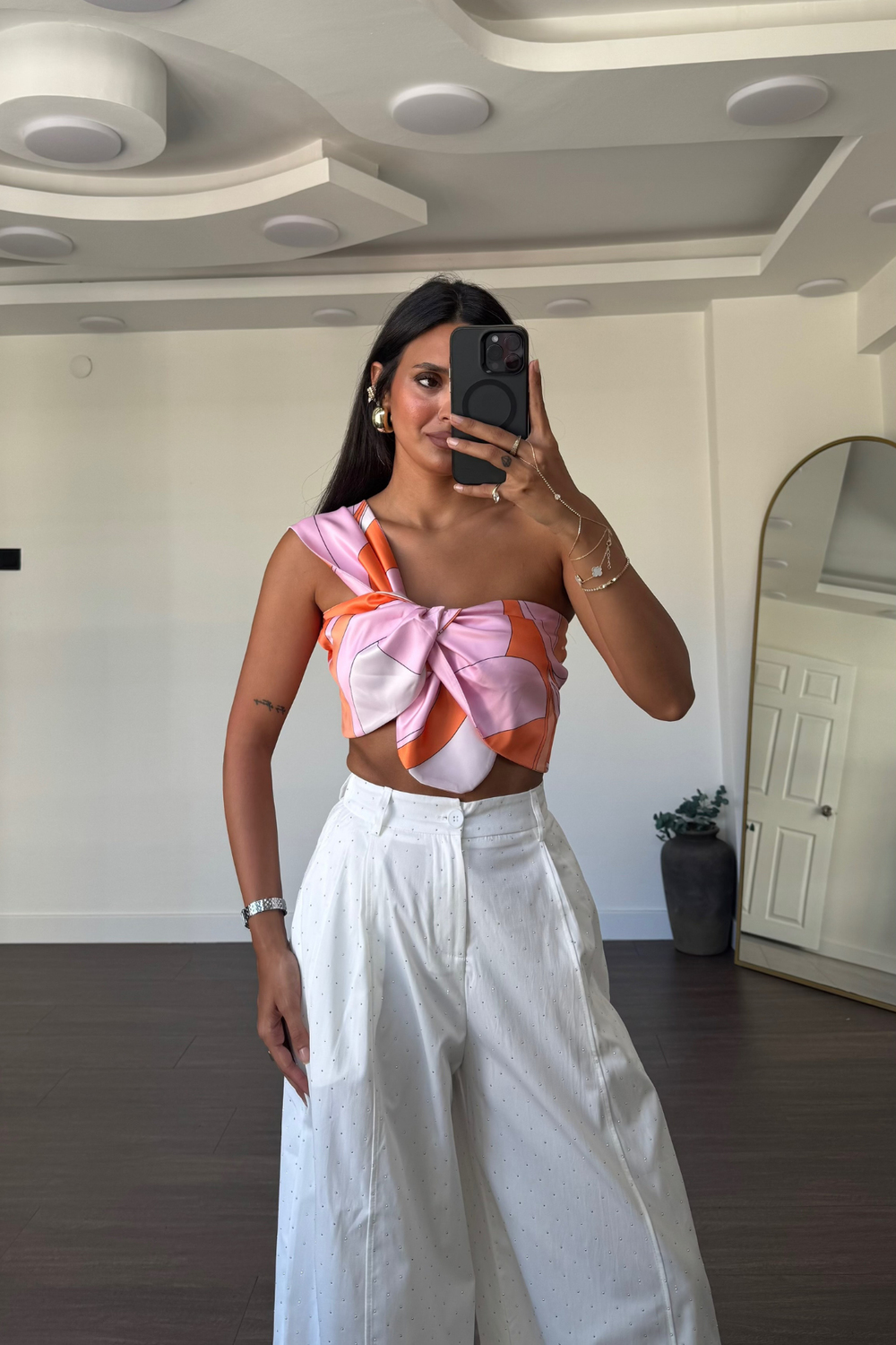Desenli Crop Top-Pembe