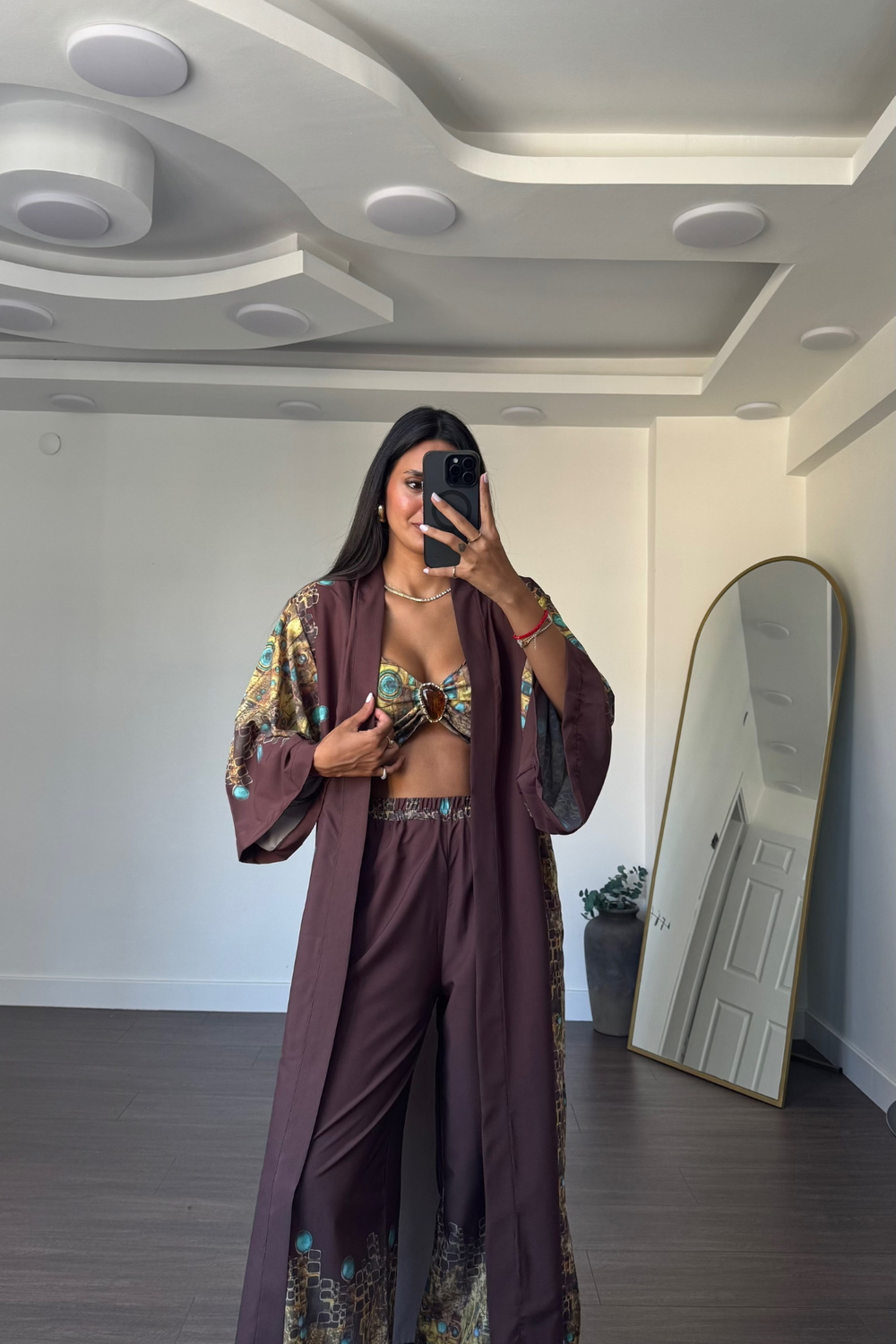Desenli Kimono Üçlü Takım-Kahve