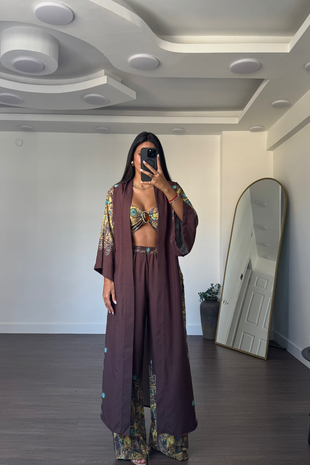 Desenli Kimono Üçlü Takım-Kahve