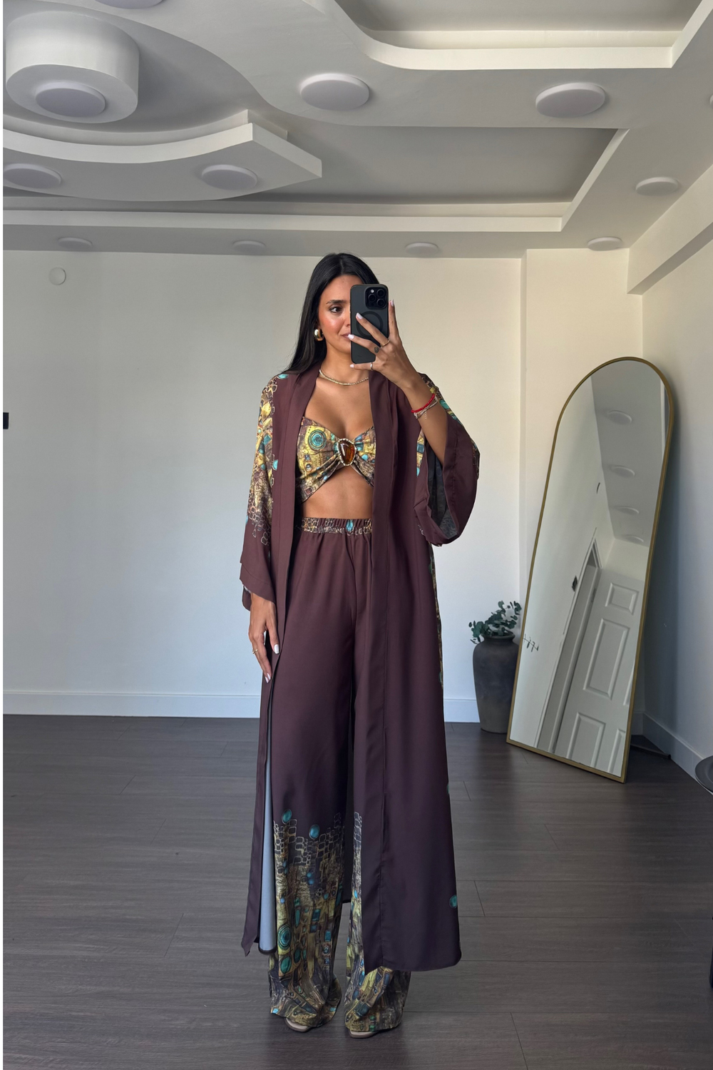 Desenli Kimono Üçlü Takım-Kahve