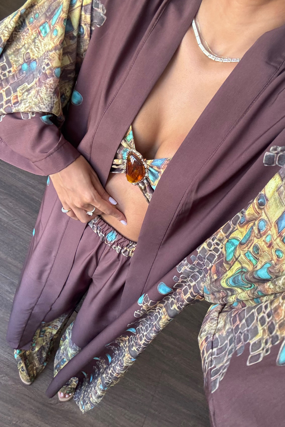 Desenli Kimono Üçlü Takım-Kahve