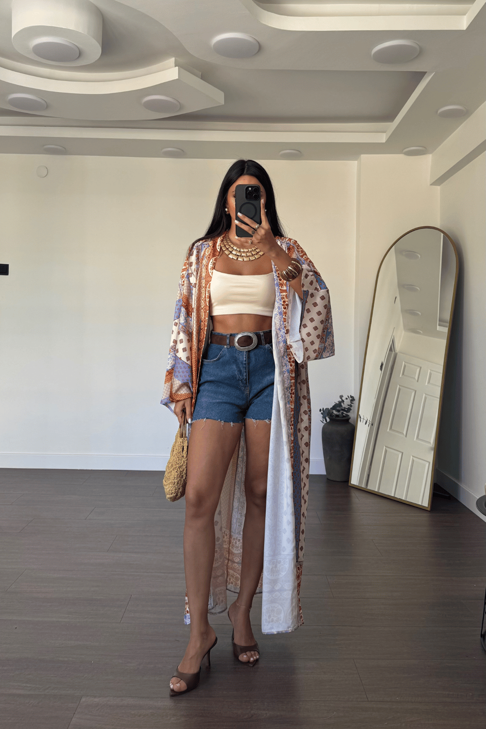 Desenli Saten Kimono
