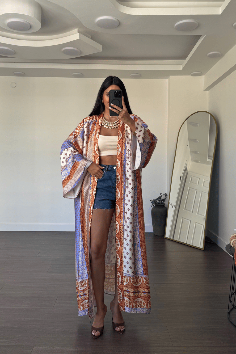 Desenli Saten Kimono