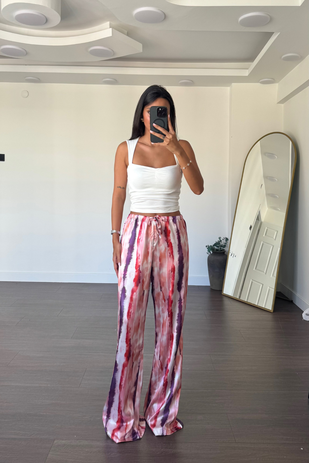 Desenli Saten Pantolon-Pembe