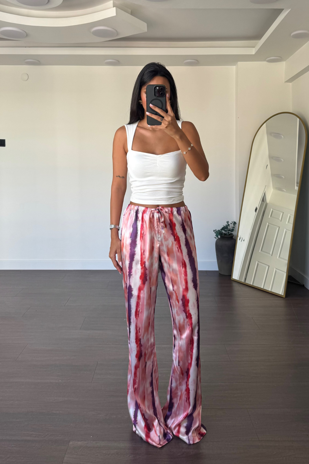Desenli Saten Pantolon-Pembe