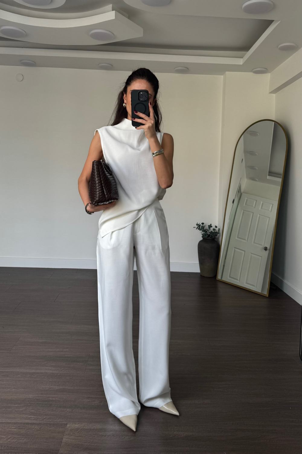 Dik Yaka Bluz Palazzo Pantolon Takım-Beyaz