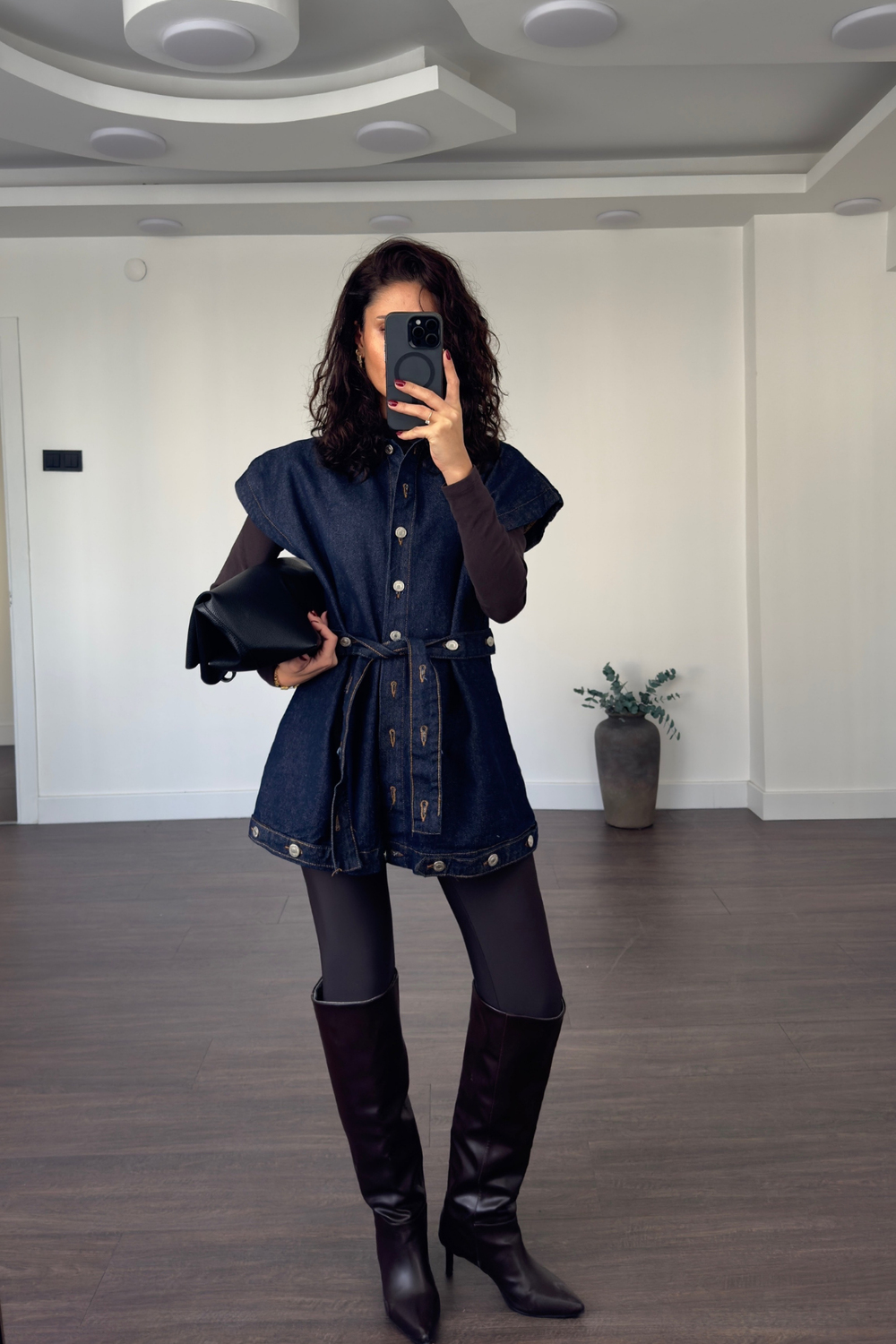 Düğme Detaylı Denim Yelek-Lacivert