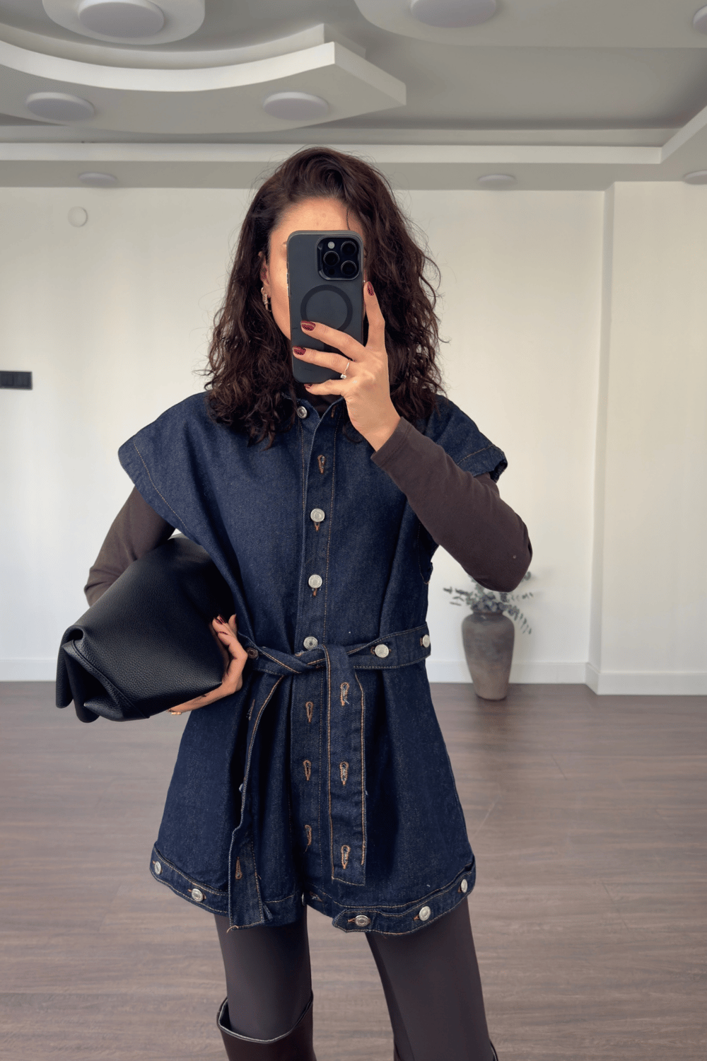 Düğme Detaylı Denim Yelek-Lacivert