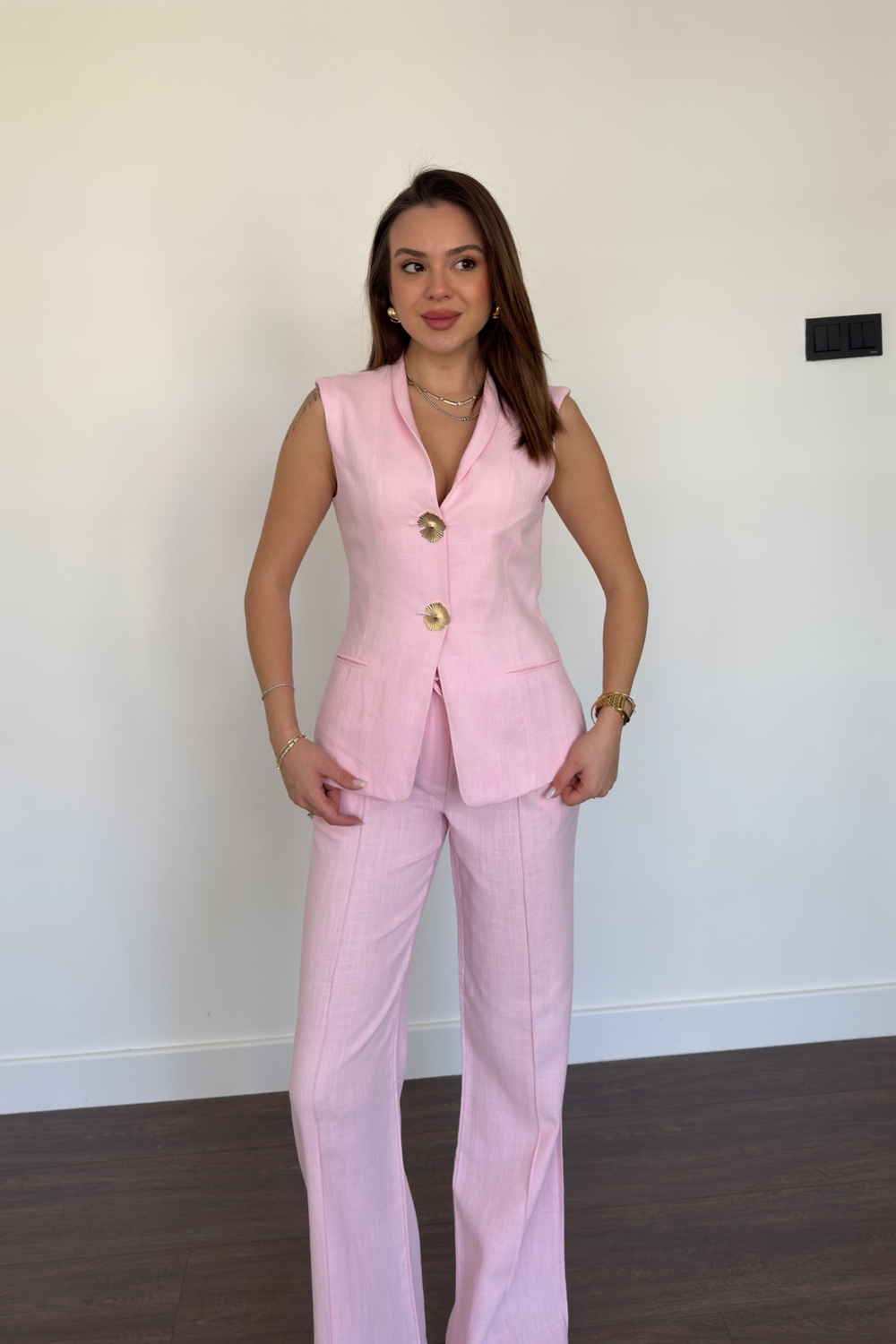 Düğme Detaylı Yelek Pantolon Takım-Pembe