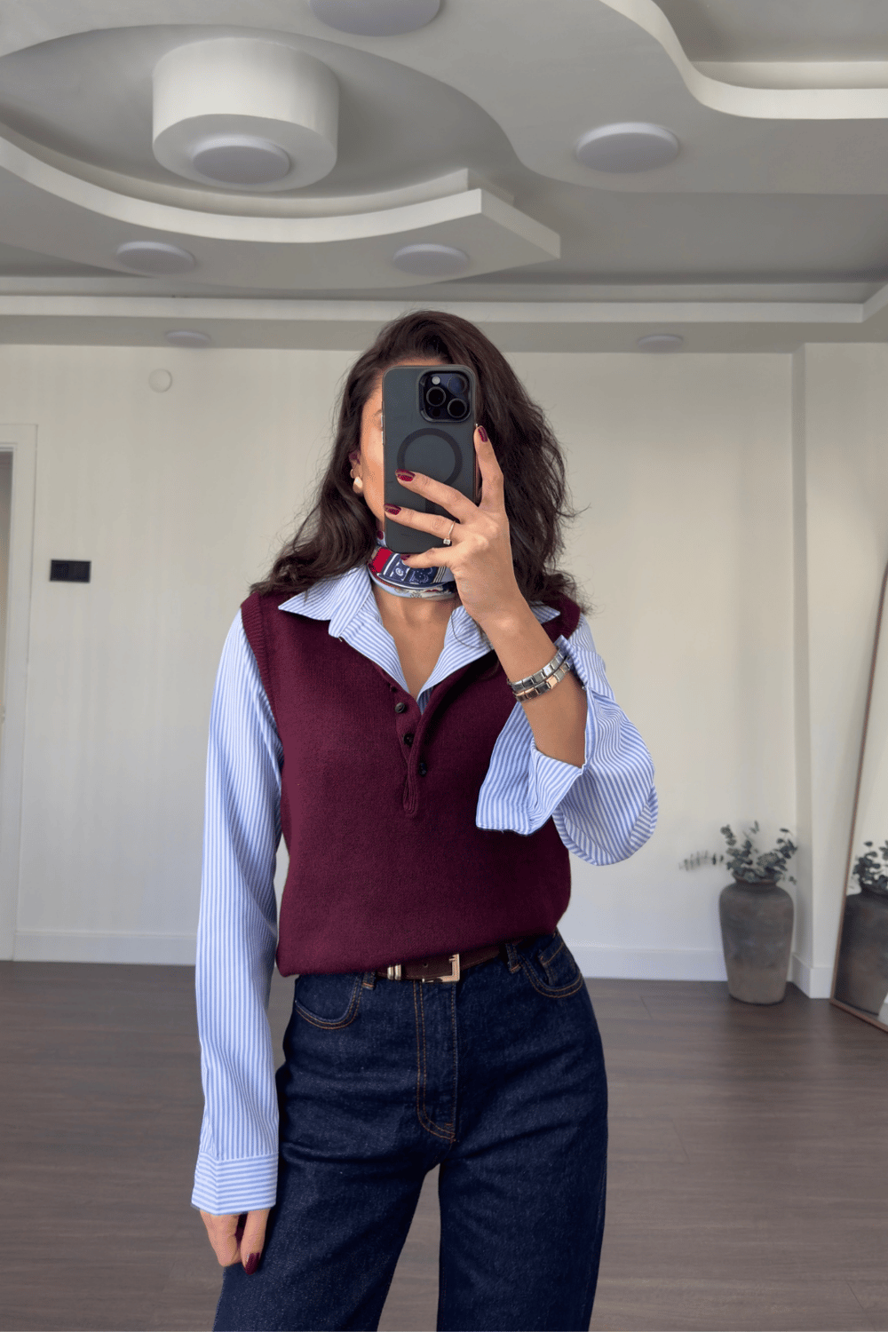 Düğmeli Polo Yaka Triko Süveter-Bordo
