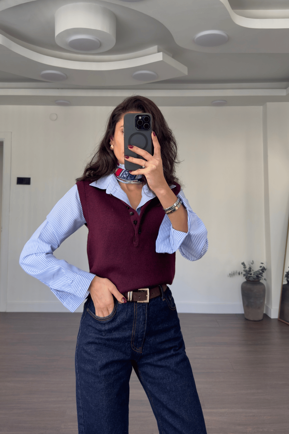 Düğmeli Polo Yaka Triko Süveter-Bordo