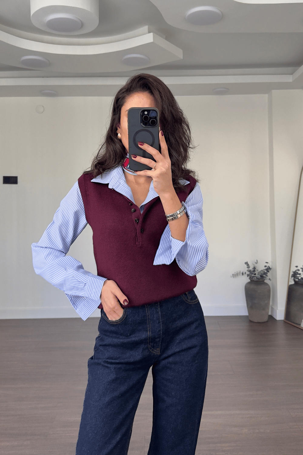 Düğmeli Polo Yaka Triko Süveter-Bordo
