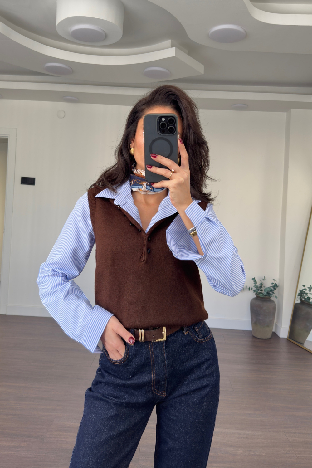 Düğmeli Polo Yaka Triko Süveter-Kahve
