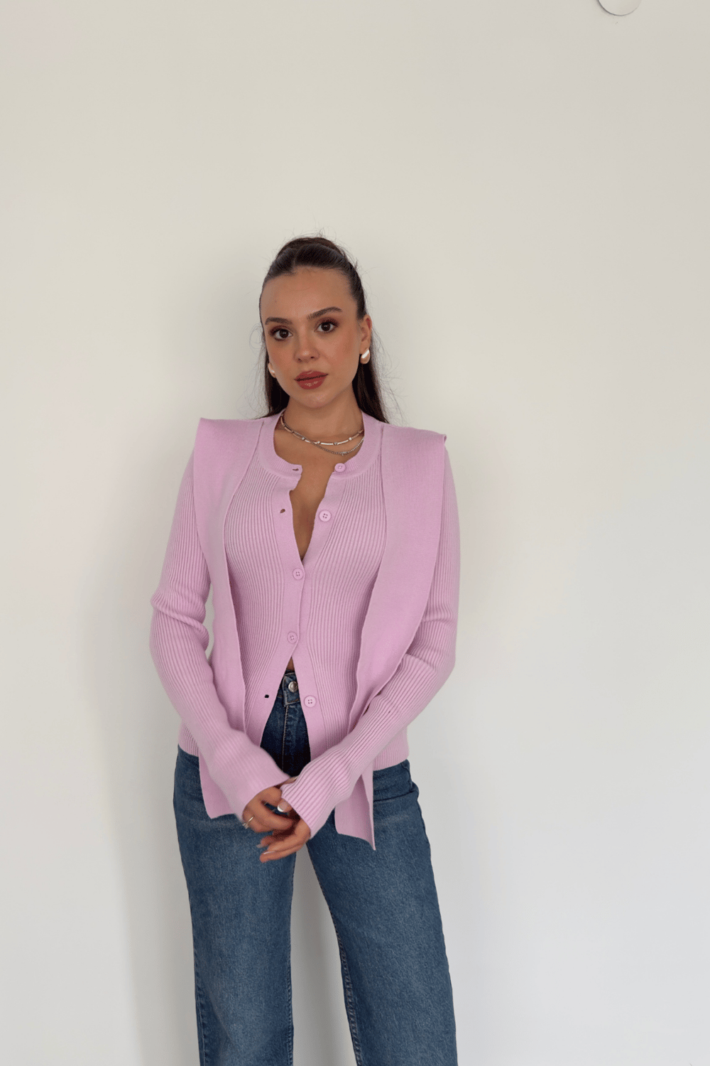 Düğmeli Şal Detaylı Triko Kazak-Pembe