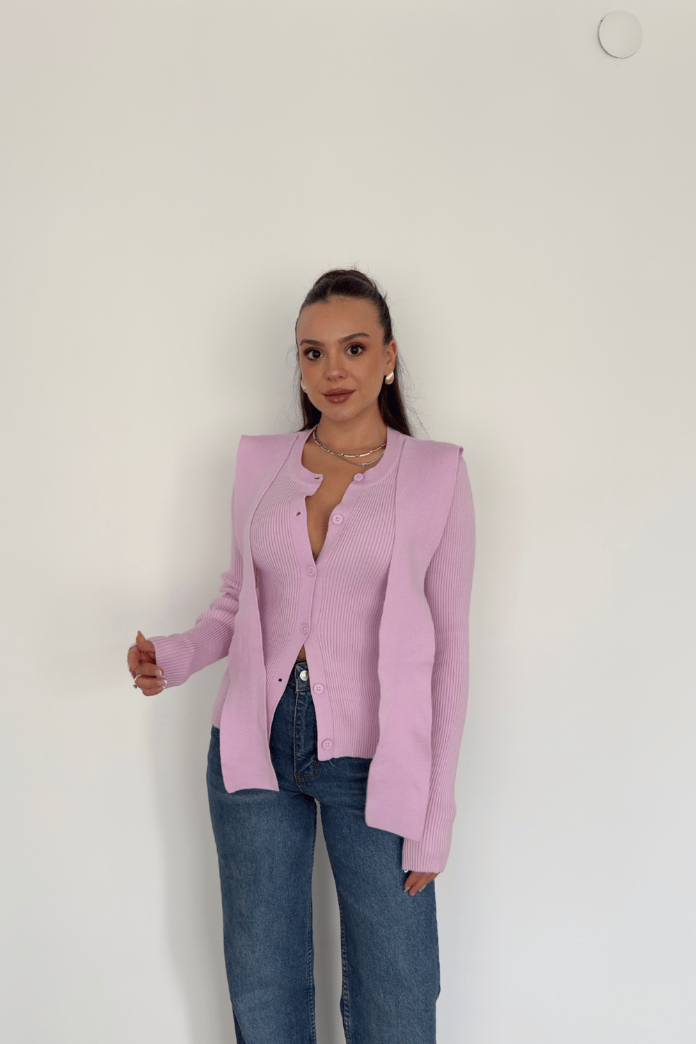 Düğmeli Şal Detaylı Triko Kazak-Pembe