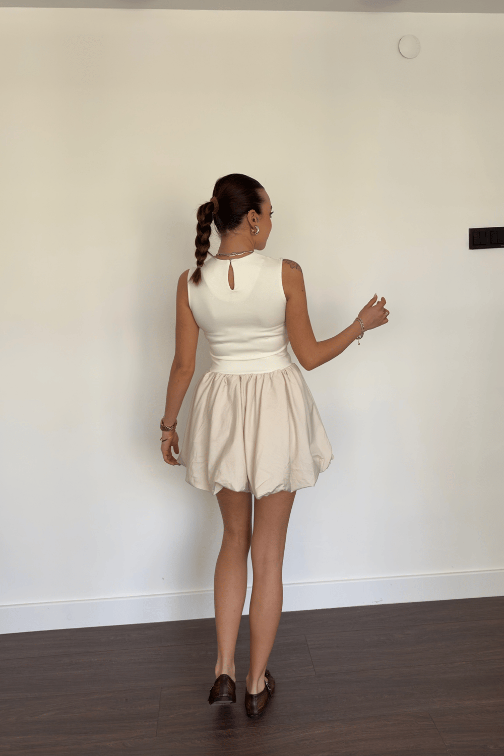 Ekru Mini Balon Elbise