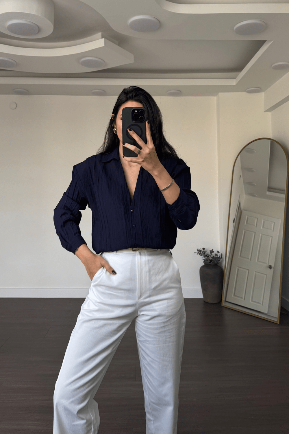 File Detaylı Gömlek-Lacivert