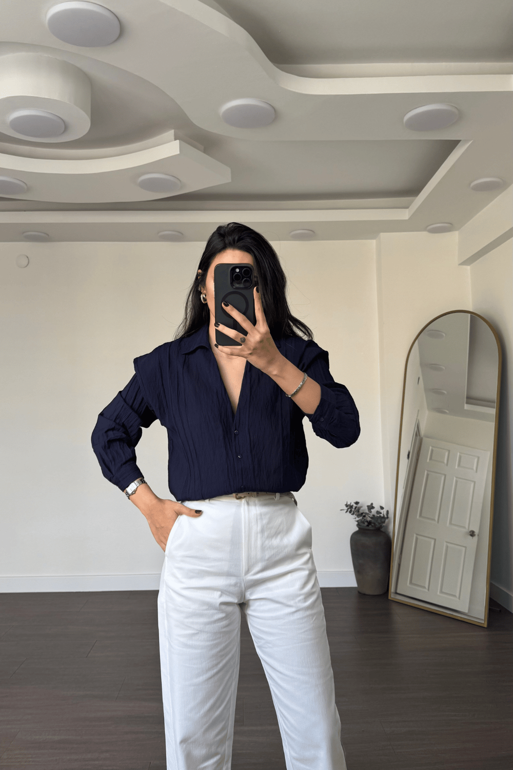 File Detaylı Gömlek-Lacivert