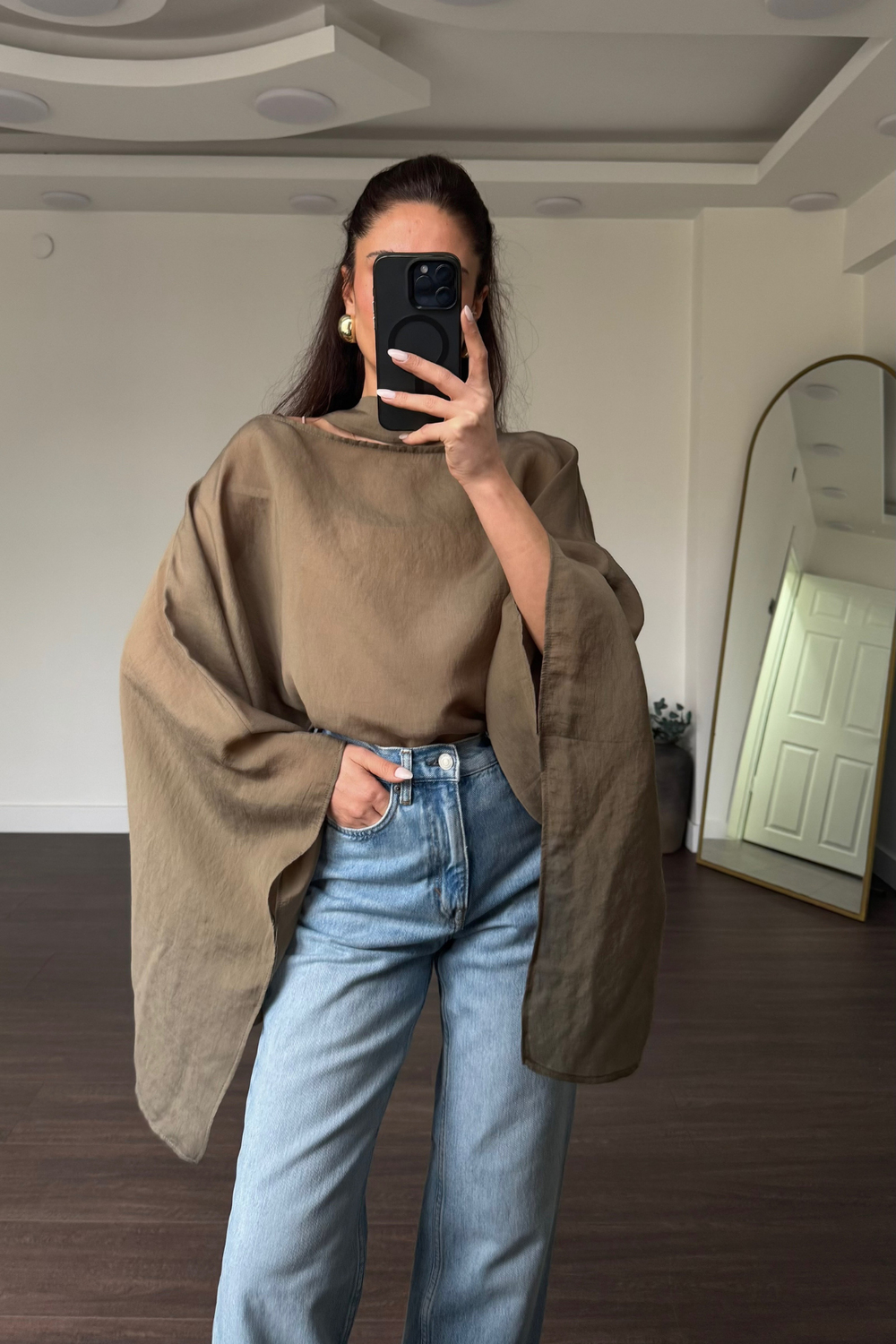 Fularlı Asimetrik Tensel Bluz-Haki