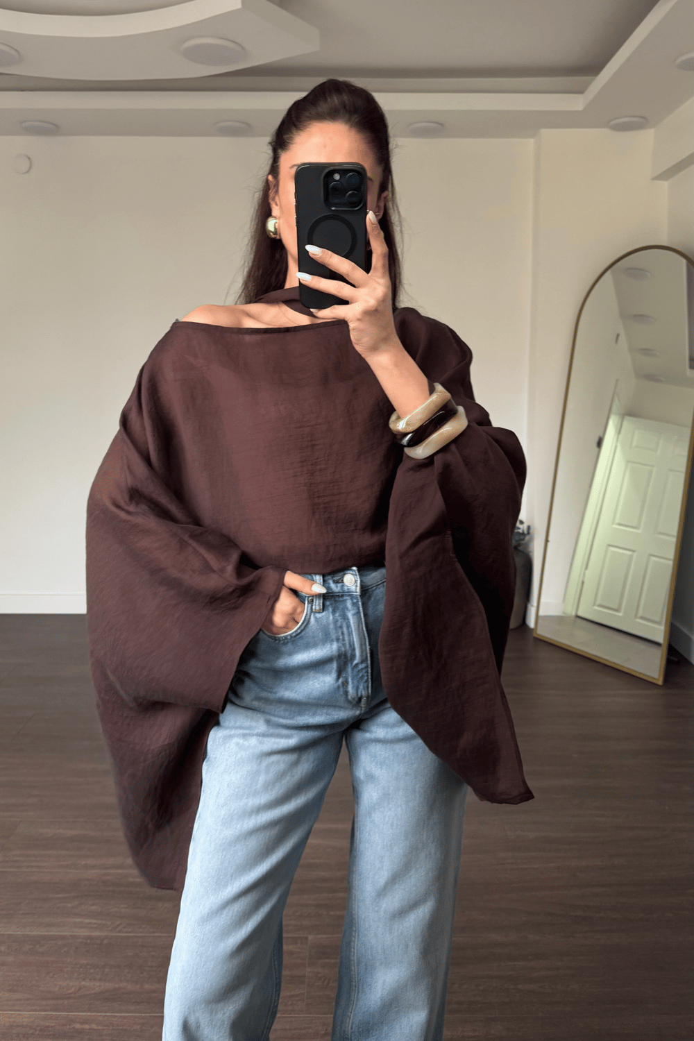 Fularlı Asimetrik Tensel Bluz-Kahve
