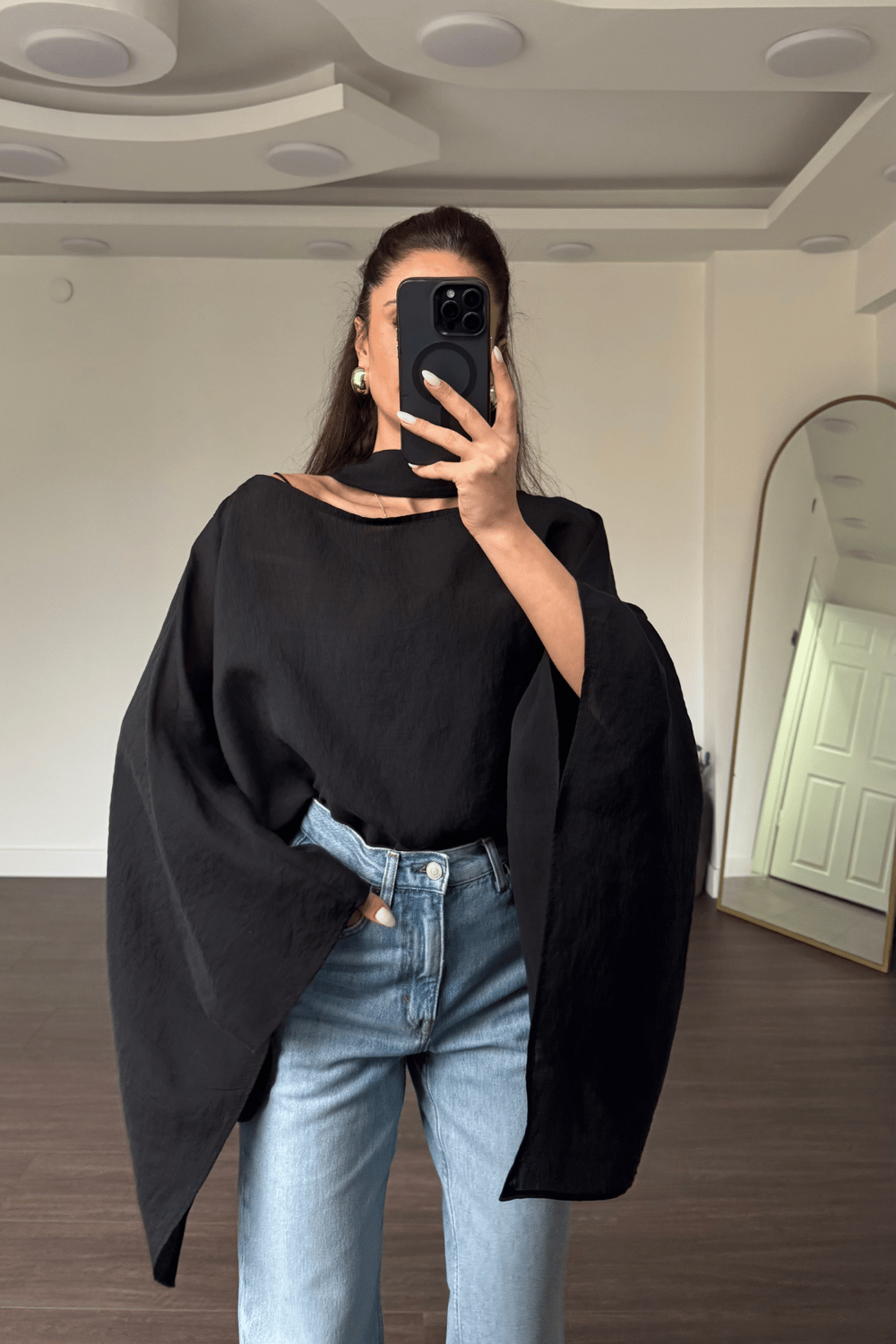 Fularlı Asimetrik Tensel Bluz-Siyah