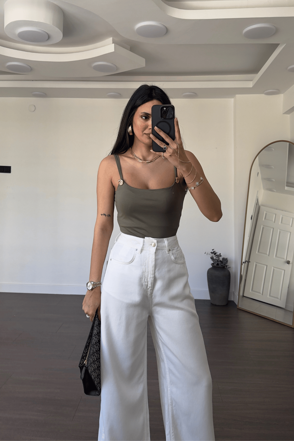 Gold Aksesuar Detaylı Bodysuit-Haki